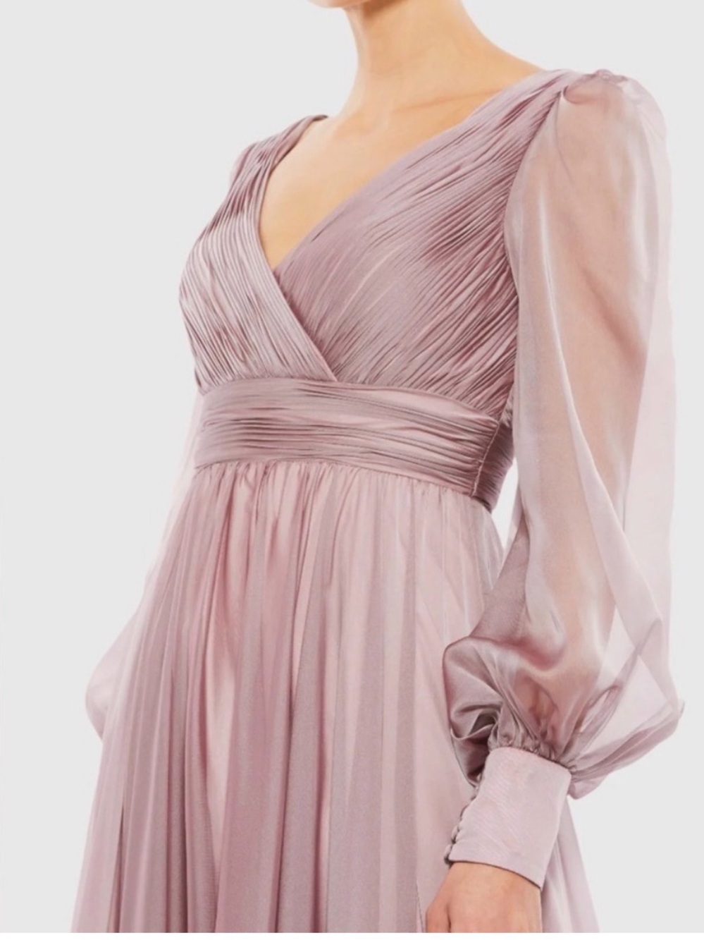 Mac Duggal Dusty Mauve Pleated V-Neck Long Sleeve Gown